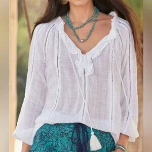 Sundance Artist Tasseled Peasant Blouse Linen White XL (NWOT)